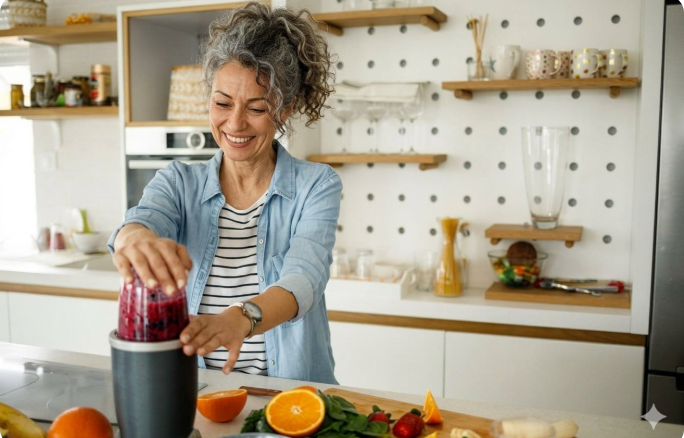 Woman preparing a berry smoothie in a bright kitchen